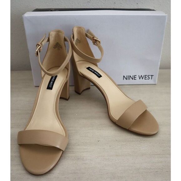 Nine West Women' Sz 8.5M Natural Staci Leather Pruce Block Heel Sandals - Picture 1 of 10